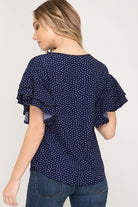Midnight Blue Double Ruffle Short Sleeve Polka Dot Top
