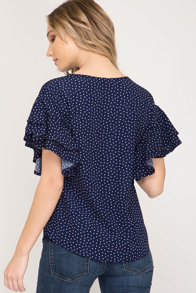 Midnight Blue Double Ruffle Short Sleeve Polka Dot Top
