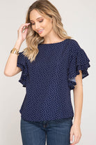 Midnight Blue Double Ruffle Short Sleeve Polka Dot Top