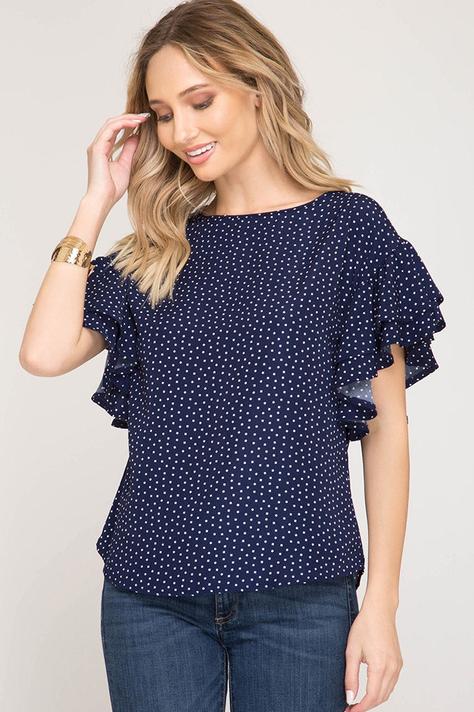 Midnight Blue Double Ruffle Short Sleeve Polka Dot Top