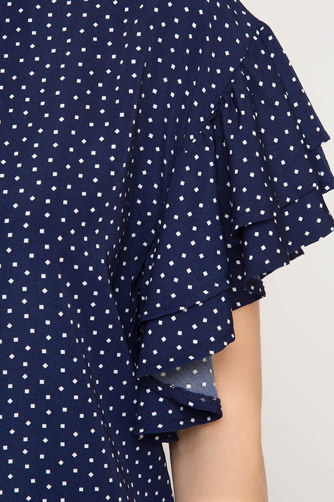 Midnight Blue Double Ruffle Short Sleeve Polka Dot Top