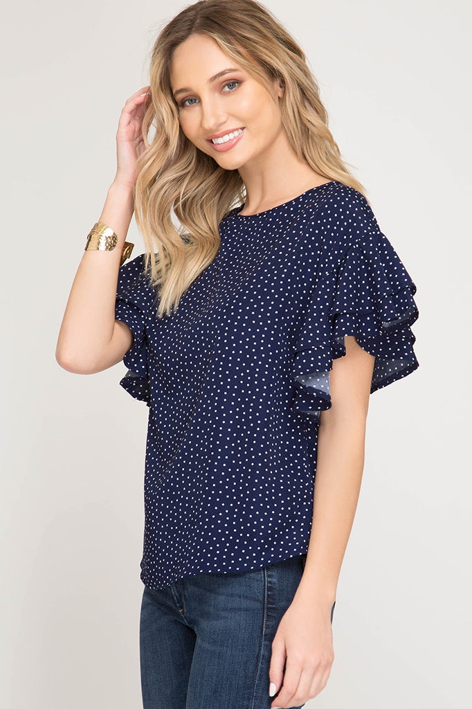 Midnight Blue Double Ruffle Short Sleeve Polka Dot Top