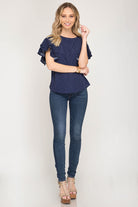 Midnight Blue Double Ruffle Short Sleeve Polka Dot Top