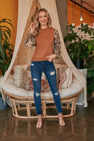Camel Brown Jacquard organza sleeve and sweater mixed top, with round neckline and elastic arm bands. Wear with sleeves down or pull sleeves up to elbow for a bell sleeve look.