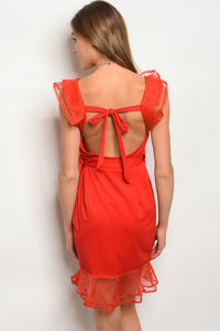 Red sleeveless V-neck ruffled detail wrap dress. 