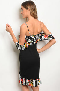 Black short sleeve cold shoulder floral striped ruffled dress.