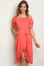 Coral short sleeve off the shoulder high low tunic dress.