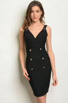 Black sleeveless V-neck button detail bodycon dress