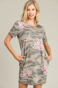 Camo Short Sleeve Floral Print Dress