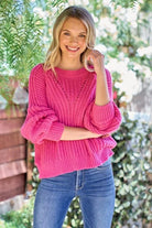 Brighten up your Fall with this Gorgeous Fuchsia Chevron Textured Sweater.

Roomy Fit with Bubble Sleeve and Out seam detail on the armhole. Size down one for a more fitted look.