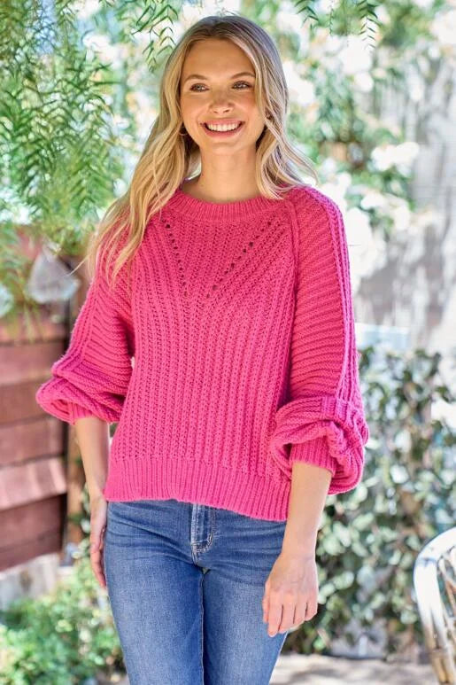 Brighten up your Fall with this Gorgeous Fuchsia Chevron Textured Sweater.

Roomy Fit with Bubble Sleeve and Out seam detail on the armhole. Size down one for a more fitted look.