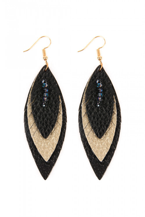 Black And Gold Three Layer Fringed Leather Marquise Fashion Earrings
Genuine Leather 
3