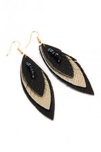 Black And Gold Three Layer Fringed Leather Marquise Fashion Earrings
Genuine Leather 
3" Drop Length x 1 " Width
