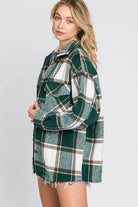Going Camping Hunter Green, Off White & Black Plaid Long Sleeve Shacket. Relaxed Oversized Fit with two chest pockets, button front and sleeves, with slit sides.

* Color: Hunter Green, Off White, Black Plaid