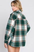 Going Camping Hunter Green, Off White & Black Plaid Long Sleeve Shacket. Relaxed Oversized Fit with two chest pockets, button front and sleeves, with slit sides.

* Color: Hunter Green, Off White, Black Plaid
