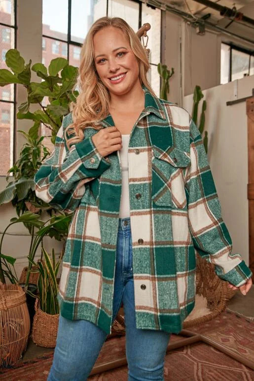 Confident Pink, Off White & Black Plaid Long Sleeve Curvy Shacket. Relaxed Oversized Fit with two chest pockets, button front and sleeves, with slit sides.

* Color: Pink, Off White, Black Plaid