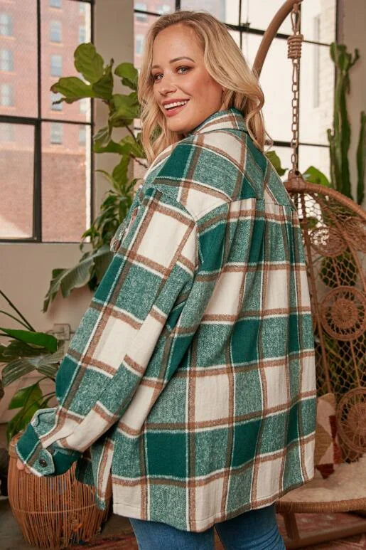 Confident Pink, Off White & Black Plaid Long Sleeve Curvy Shacket. Relaxed Oversized Fit with two chest pockets, button front and sleeves, with slit sides.

* Color: Pink, Off White, Black Plaid