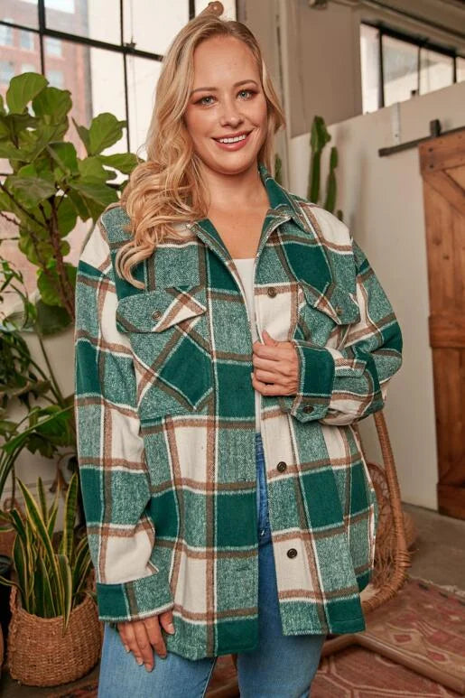 Confident Pink, Off White & Black Plaid Long Sleeve Curvy Shacket. Relaxed Oversized Fit with two chest pockets, button front and sleeves, with slit sides.

* Color: Pink, Off White, Black Plaid