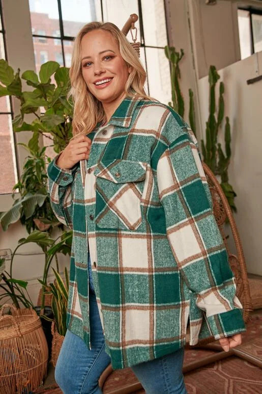 Confident Pink, Off White & Black Plaid Long Sleeve Curvy Shacket. Relaxed Oversized Fit with two chest pockets, button front and sleeves, with slit sides.

* Color: Pink, Off White, Black Plaid