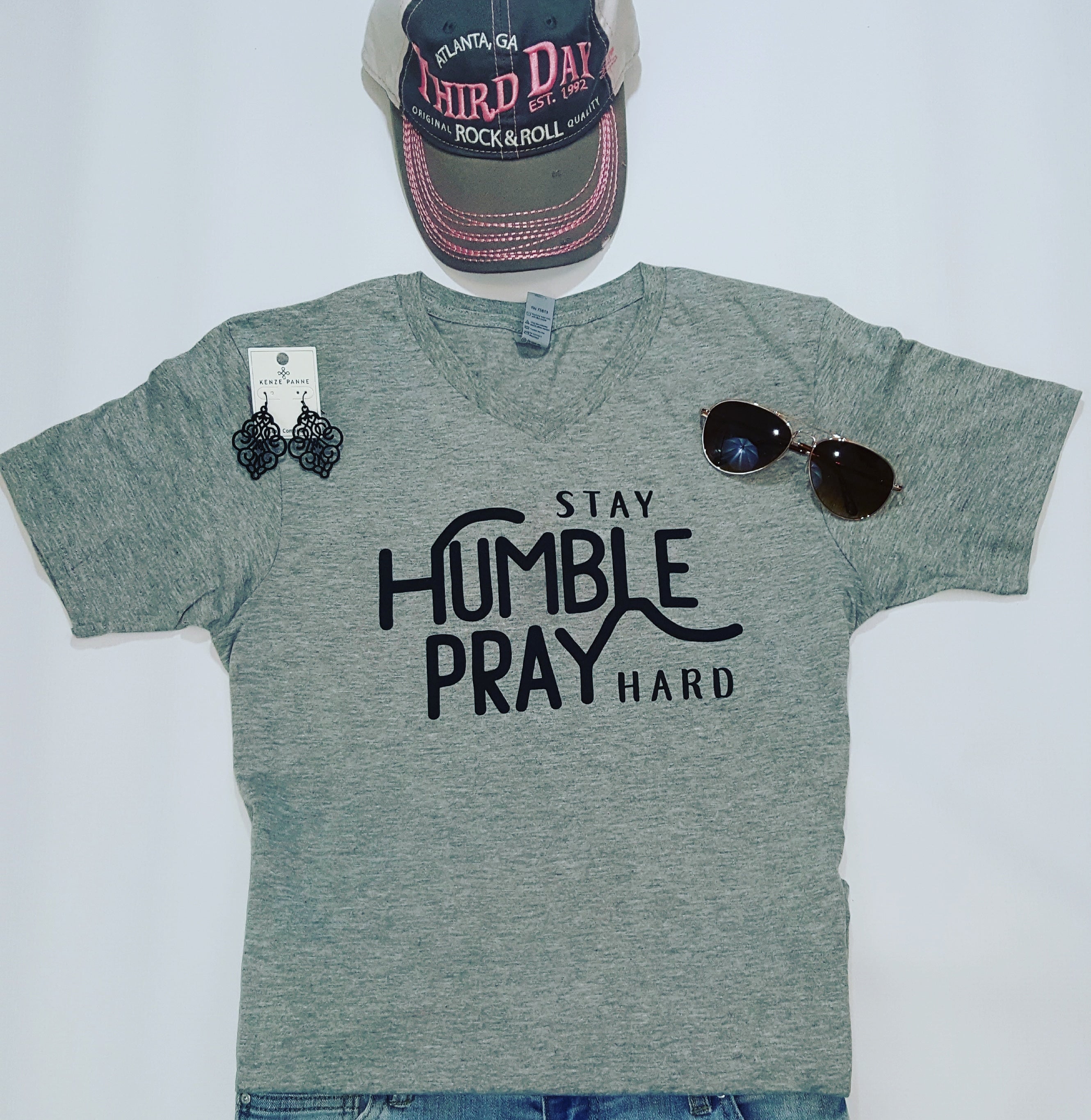 Stay Humble Pray Hard V-Neck Heather Grey Tee