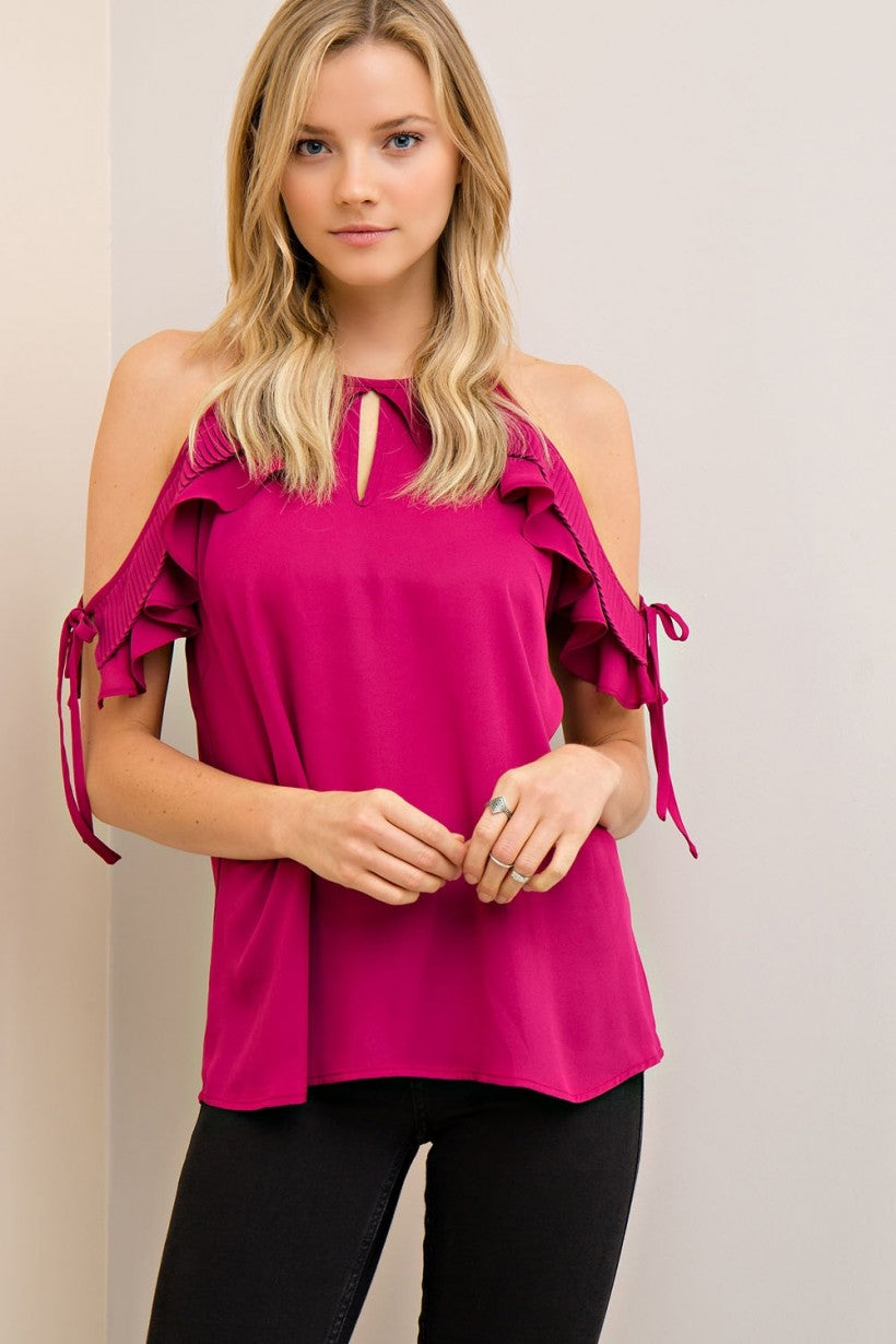 Berry Colored Cute Ruffle Top, Open Shoulder, Cold Shoulder, Fun and Flirty