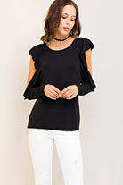Open Shoulder Top Black Ruffle Sleeve