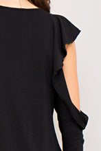 Open Shoulder Ruffle Sleeve Black Top