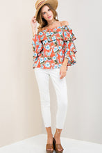 Coral and Blue Floral Top Off Shoulder Ruffled Sleeve