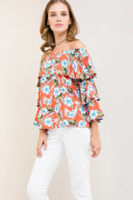Coral Off Shoulder Floral With Ruffled Sleeve Top