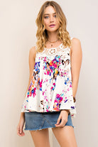 White with Magenta and Blue multicolored Sleeveless Top with Lace Detail
