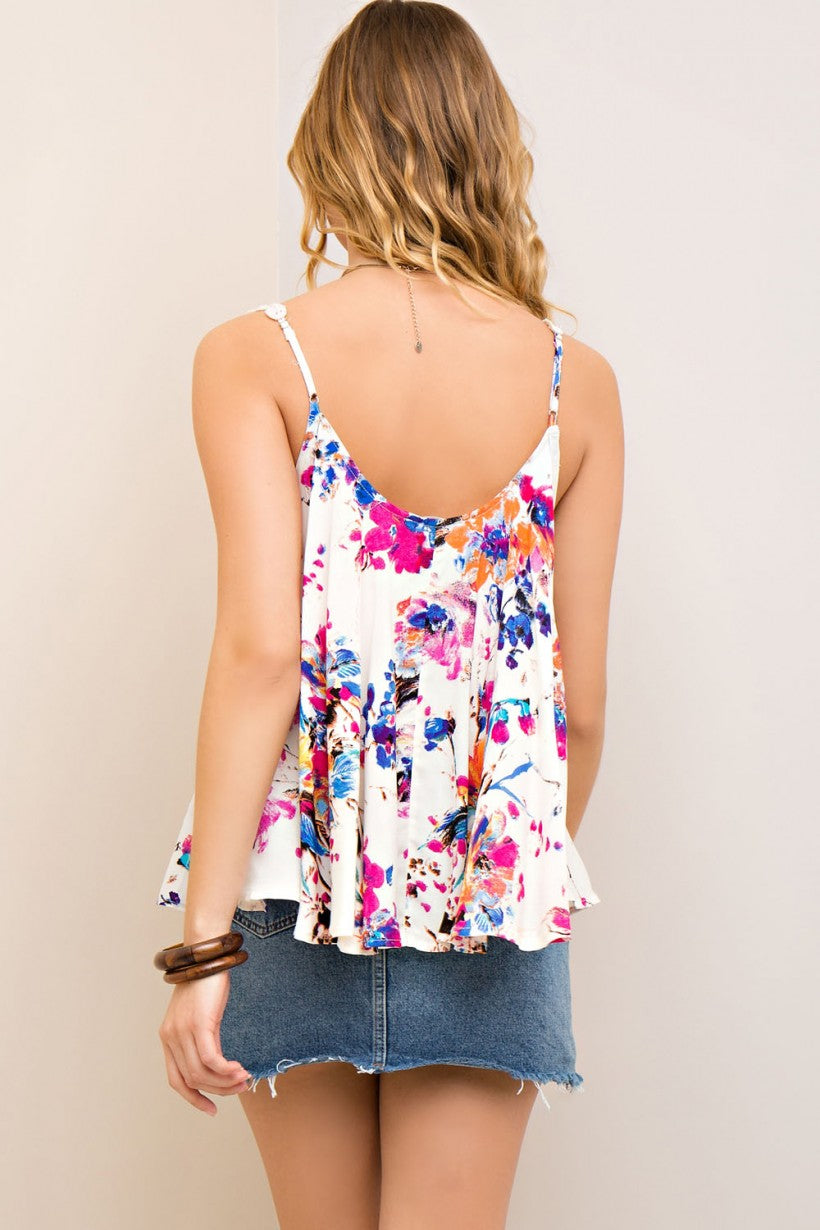 White with Magenta and Blue multicolored Sleeveless Top with Lace Detail