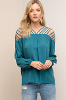 English Green Long Sleeve Strappy Shoulder Women's Teal Top. Lightweight. Relaxed Fit.