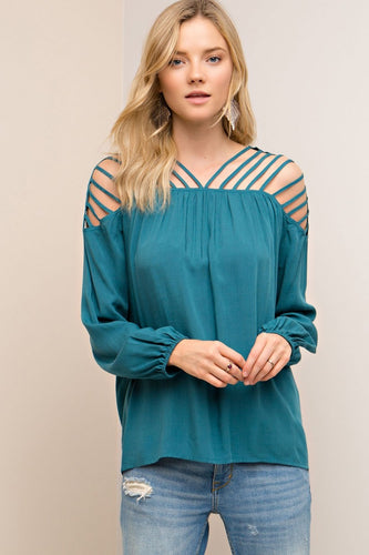 English Green Long Sleeve Strappy Shoulder Women's Teal Top. Lightweight. Relaxed Fit.