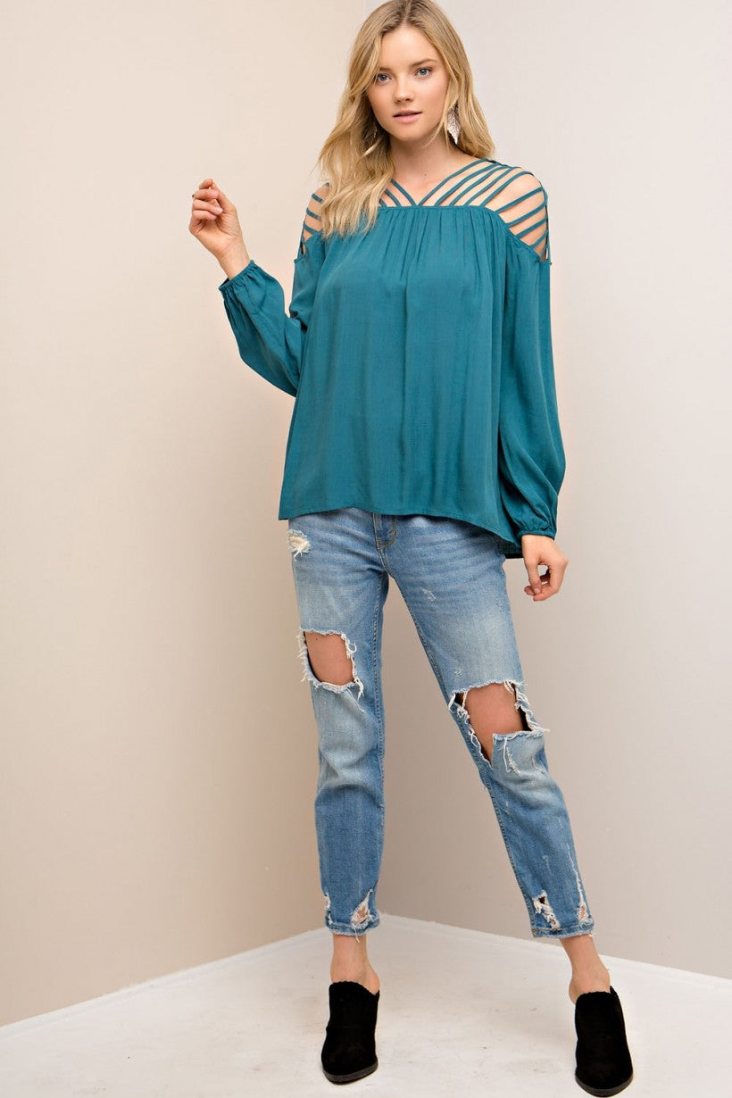 English Green Long Sleeve Strappy Shoulder Women's Teal Top. Lightweight. Relaxed Fit.