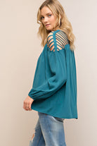 English Green Long Sleeve Strappy Shoulder Women's Teal Top. Lightweight. Relaxed Fit.