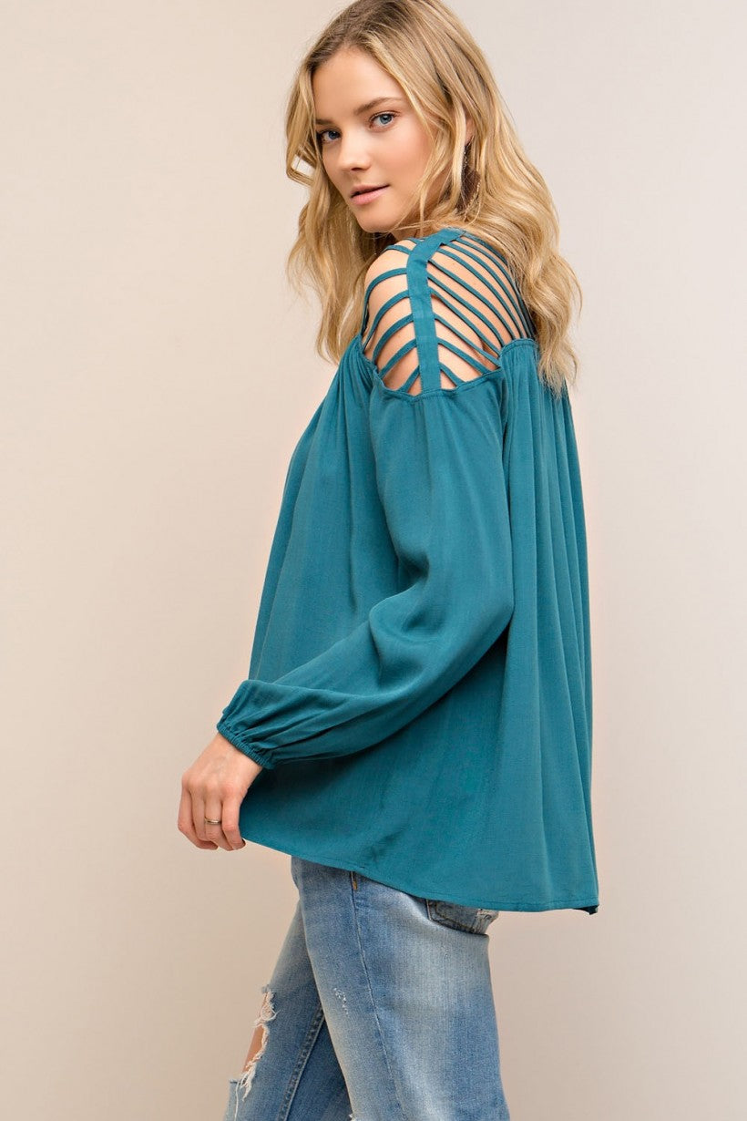 English Green Long Sleeve Strappy Shoulder Women's Teal Top. Lightweight. Relaxed Fit.