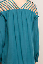English Green Long Sleeve Strappy Shoulder Women's Teal Top. Lightweight. Relaxed Fit.