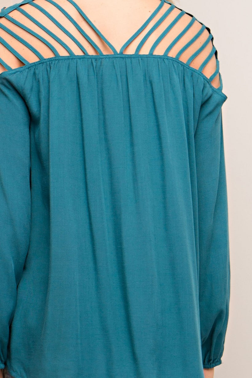 English Green Long Sleeve Strappy Shoulder Women's Teal Top. Lightweight. Relaxed Fit.
