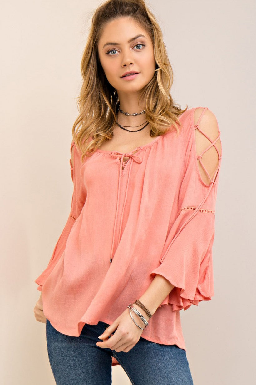 Peach Open Shoulder Top Bell Sleeve