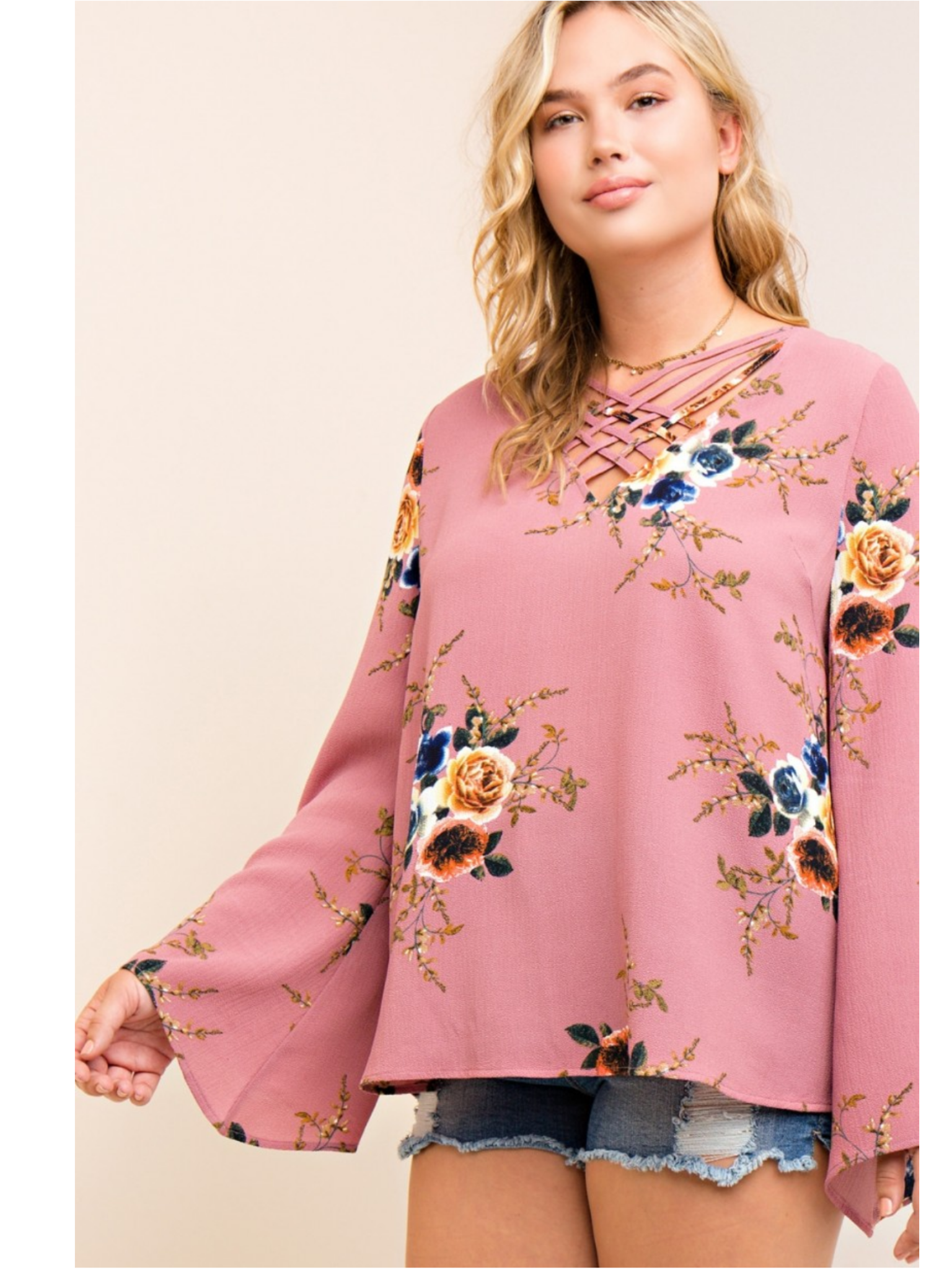 Mauve Floral Top with Bell Sleeves Curvy