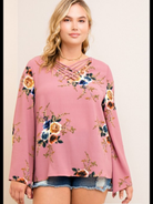 Mauve Floral Top with Bell Sleeves Curvy
