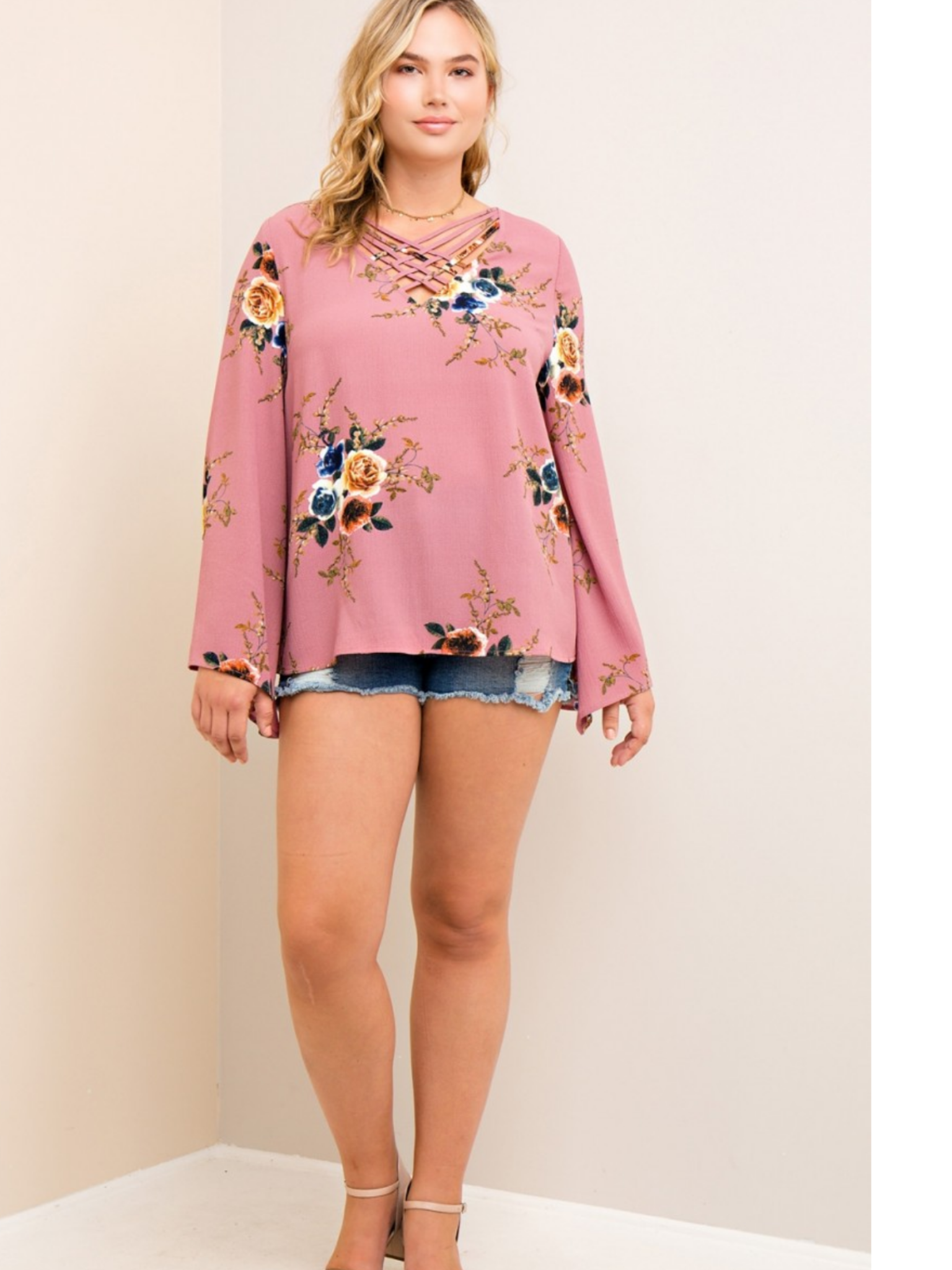 Mauve Floral Top with Bell Sleeves Curvy