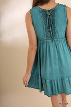 Peacock Teal Sleeveless Dress With Lace Detail Crisscross Back