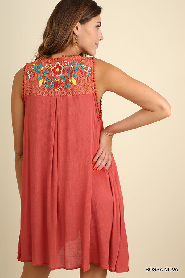 Bossa Nova Sleeveless Dress with Floral Embroidered Yoke, Coral Orange