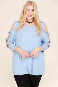 Blue Sky Twisted Cut Out 3/4 Sleeve Top Curvy