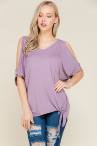 Cold Shoulder Relaxed Fit Tie Knot Lavendar Tunic Curvy