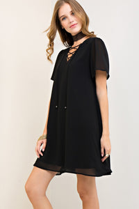 This Black Short Sleeve Dress has a Strappy Criss-Cross Self-Tie Closure. Light Weight and Fully Lined.