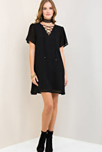 This Black Short Sleeve Dress has a Strappy Criss-Cross Self-Tie Closure. Light Weight and Fully Lined.