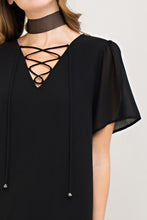 Black Beauty Short Sleeved Dress With Crisscross Tie Closure At Bust