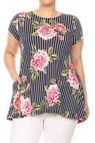 Navy Striped Floral Print Short Sleeve Top with Pockets Curvy